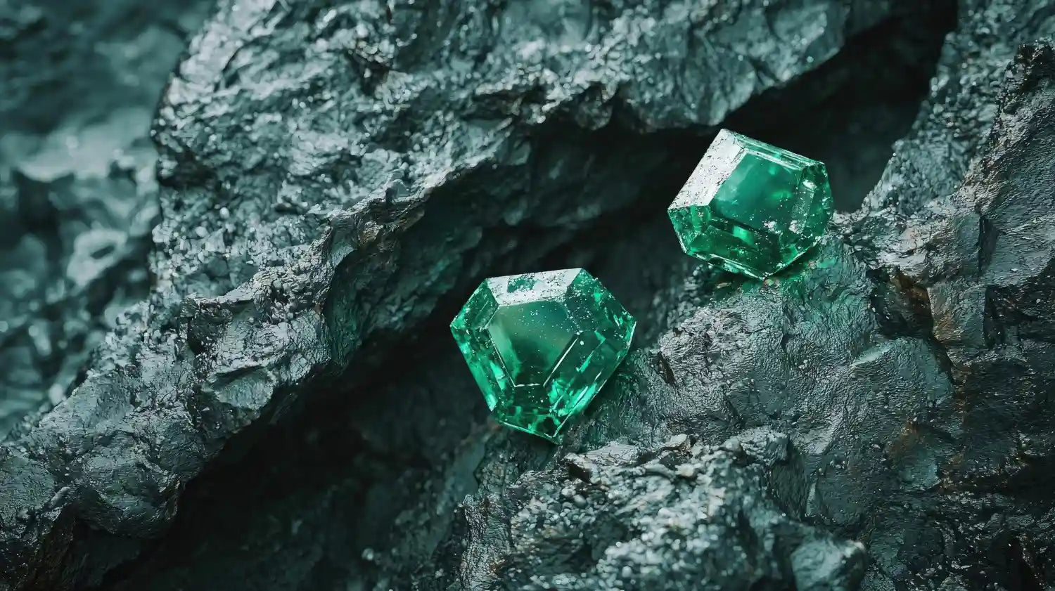 Two large emerald crystals in dark rock matrix