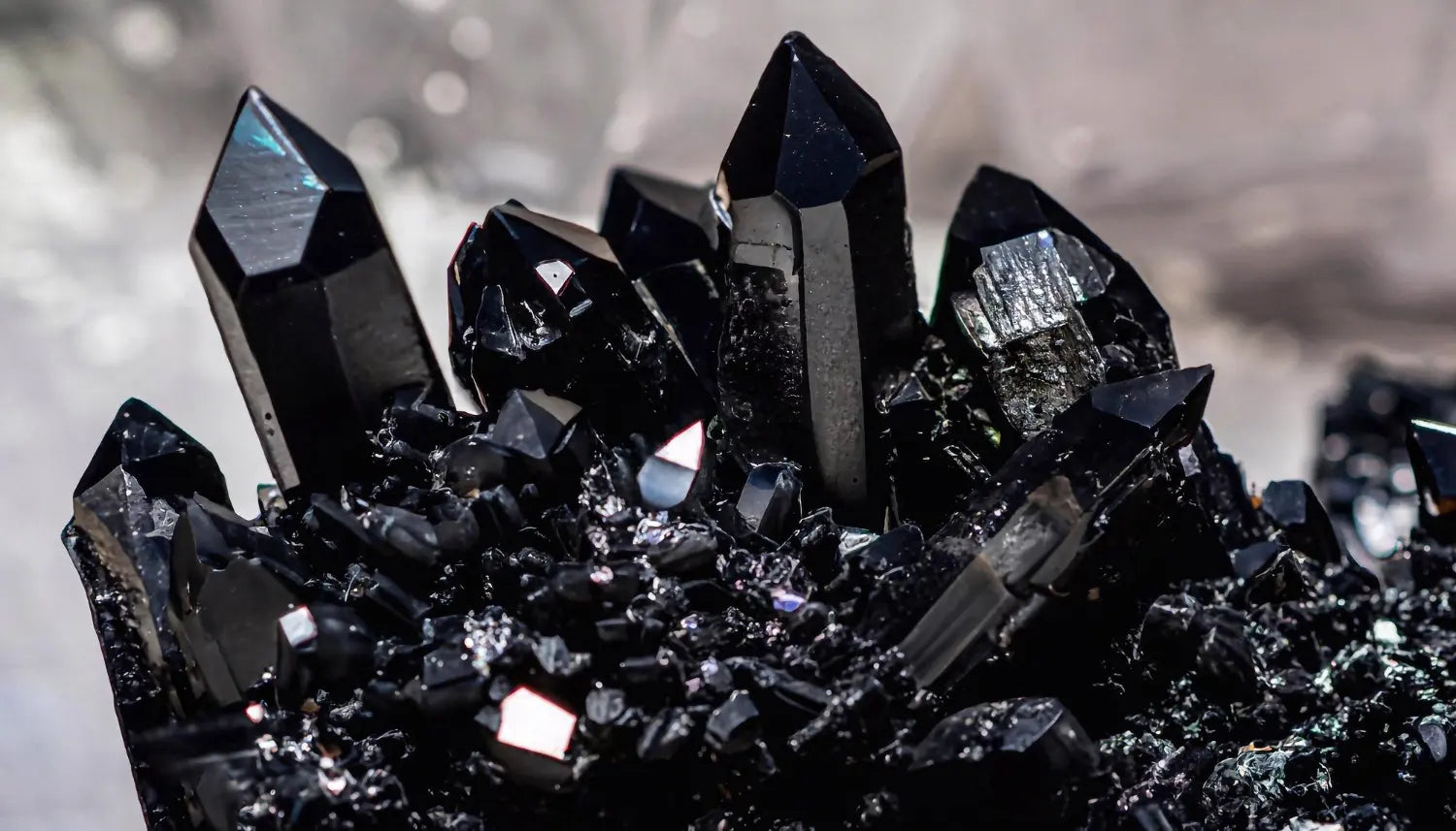 Natural black tourmaline or schorl crystal cluster