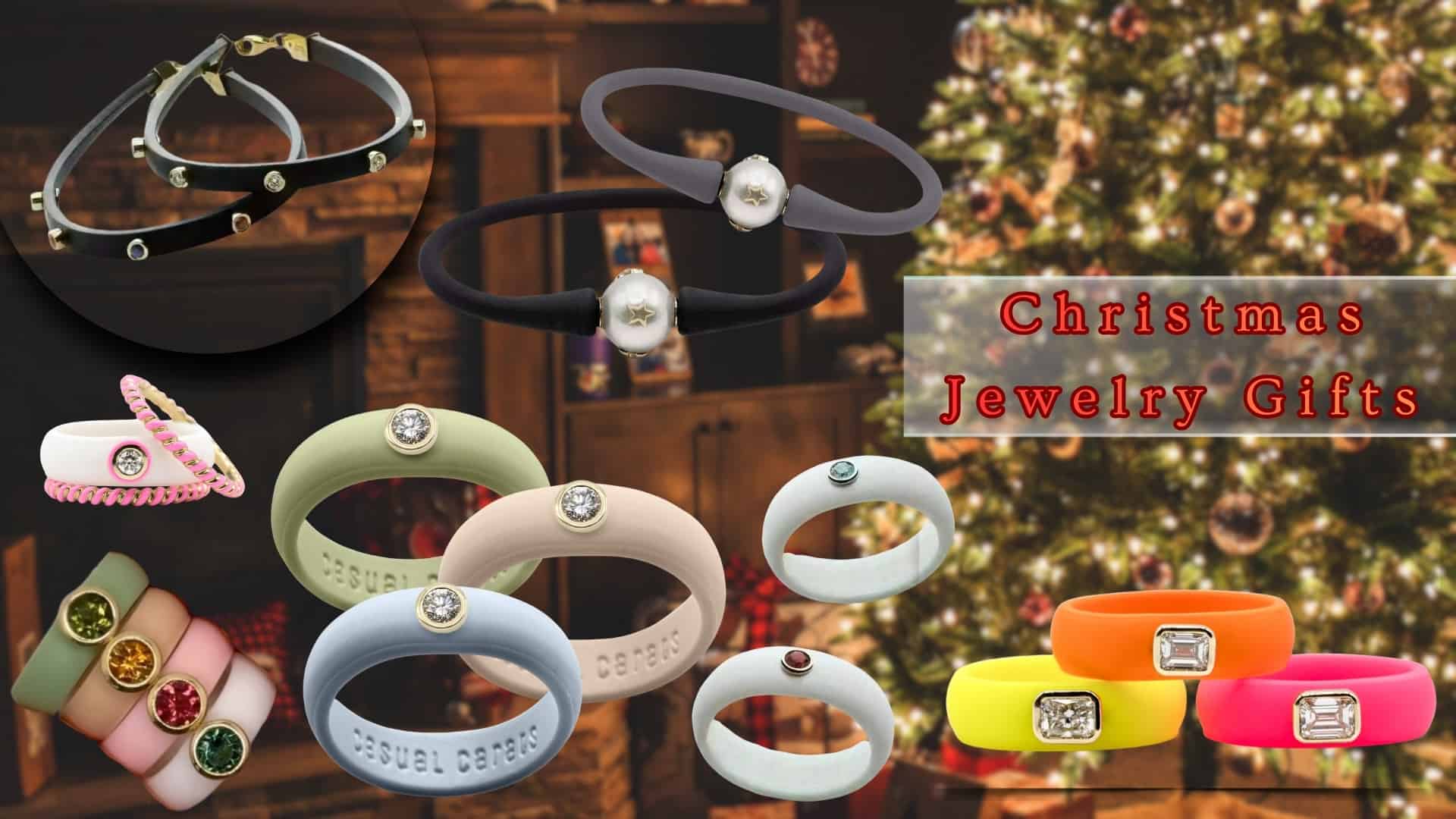 Various Christmas jewelry gifts displayed with holiday backdrop