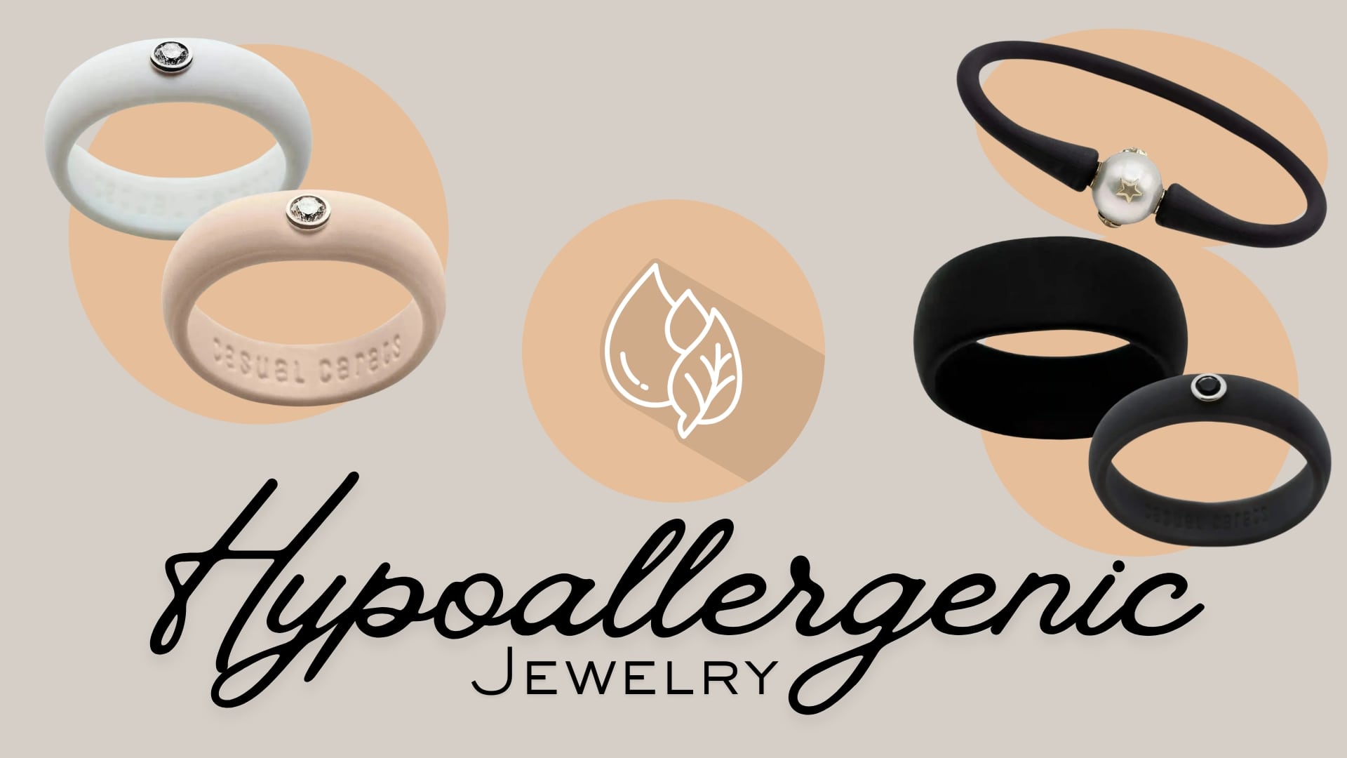 Examples of hypoallergenic silicone rings and bracelets.