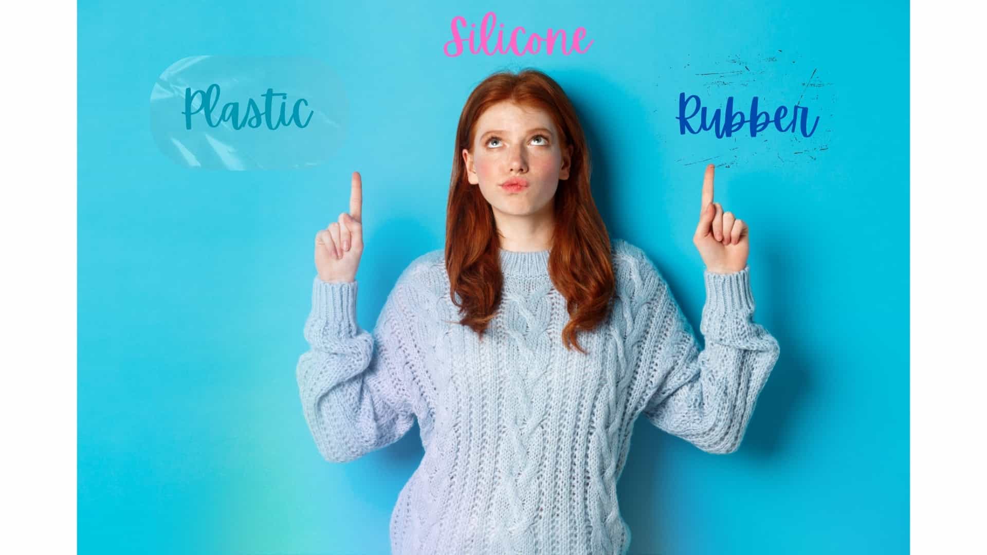Young woman comparing silicone with plastic and rubber on a blue background, showcasing the differences between these materials.