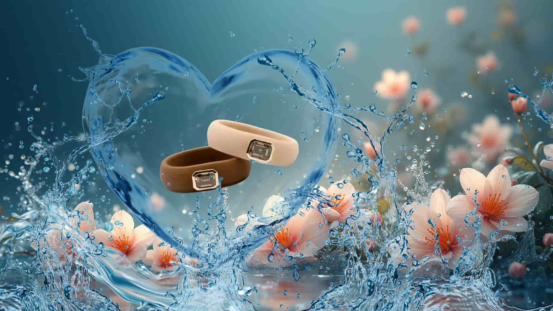 Two silicon diamond rings in water heart