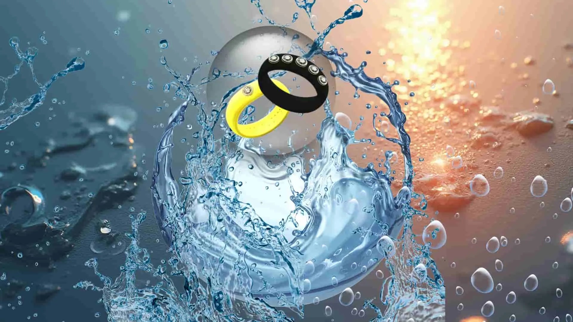 Two rings, black and yellow, are surrounded by water splashes, floating within a bubble. The background transitions from dark blue to golden hues.