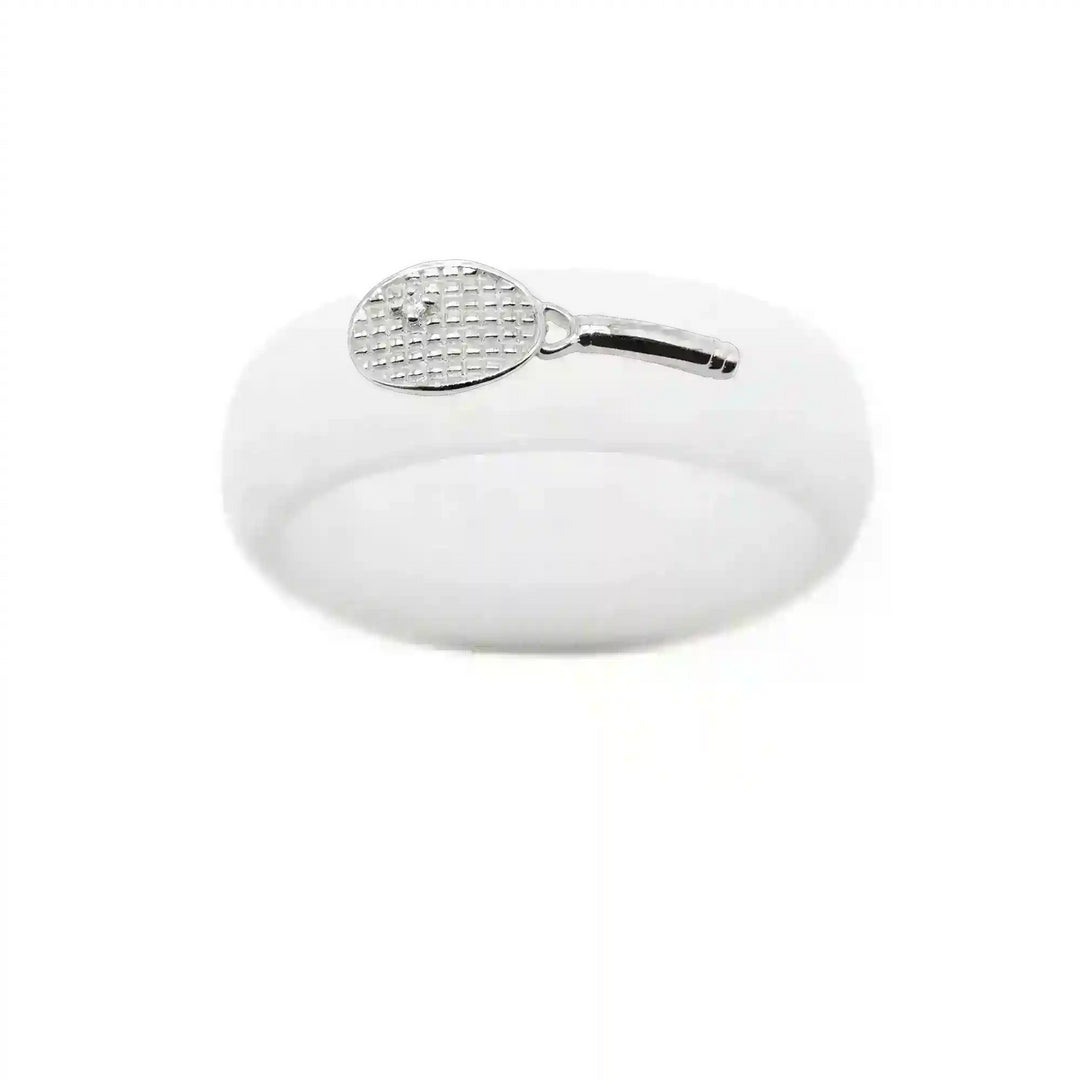 Sterling Silver Diamond Tennis Racket Silicone Ring - Size 8