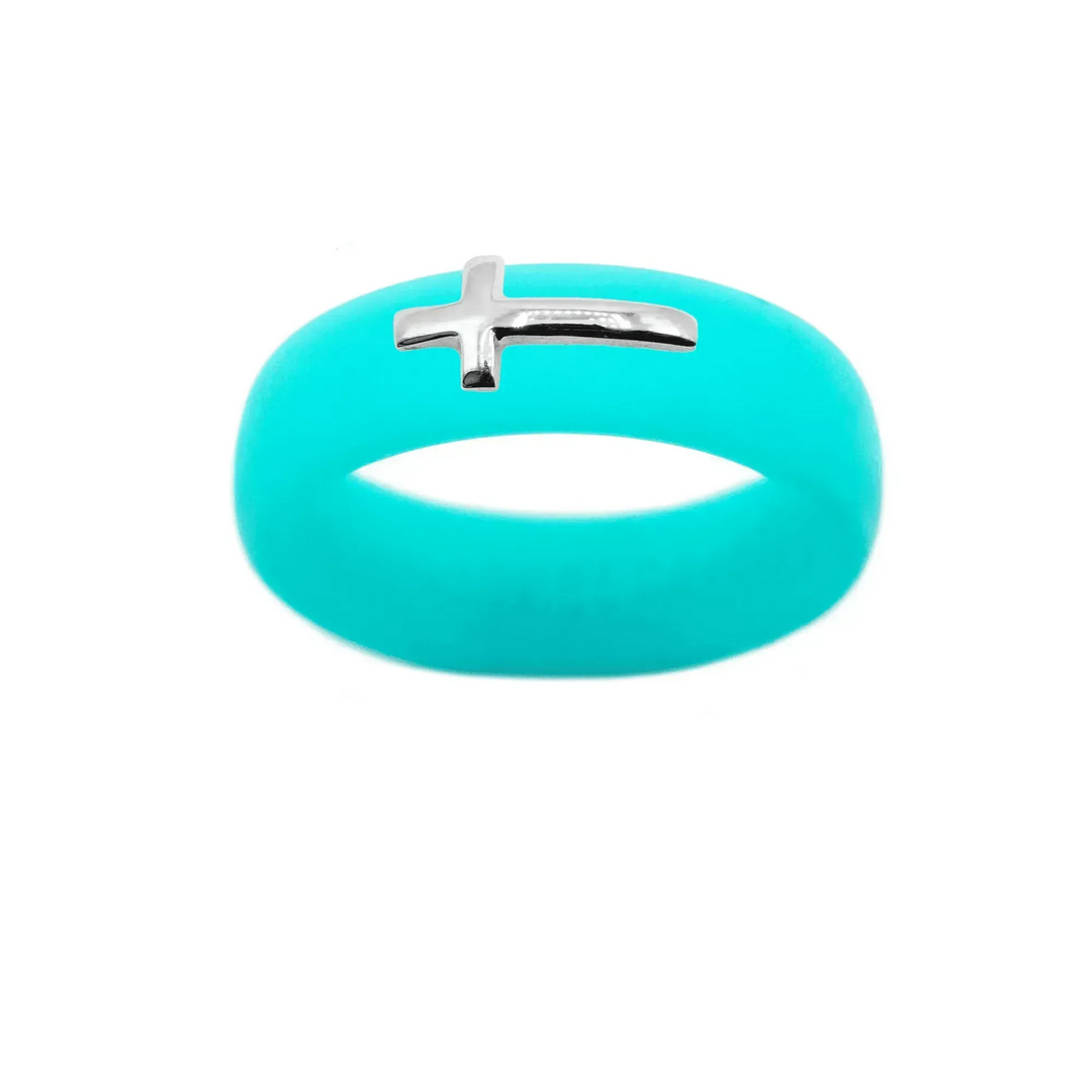 Sterling Silver Sideways Cross Silicone Ring - Size 5