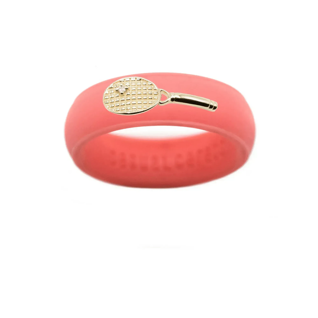 Yellow Gold Diamond Tennis Racket Silicone Ring - Size 7