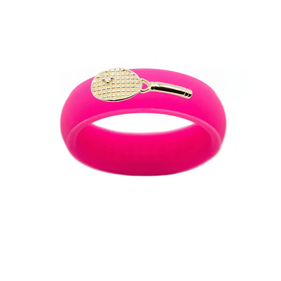 Yellow Gold Diamond Tennis Racket Silicone Ring - Size 7
