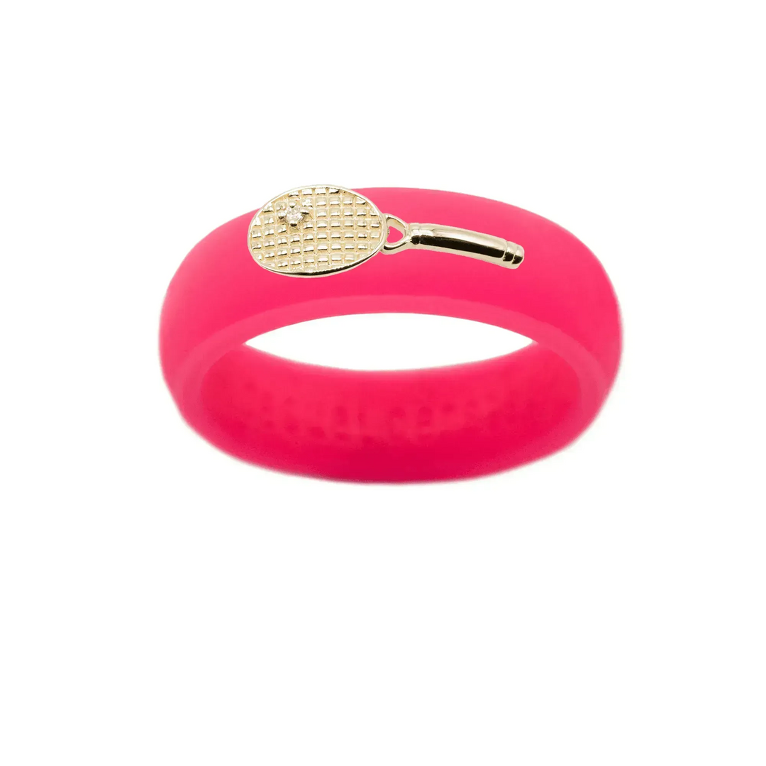Yellow Gold Diamond Tennis Racket Silicone Ring - Size 7