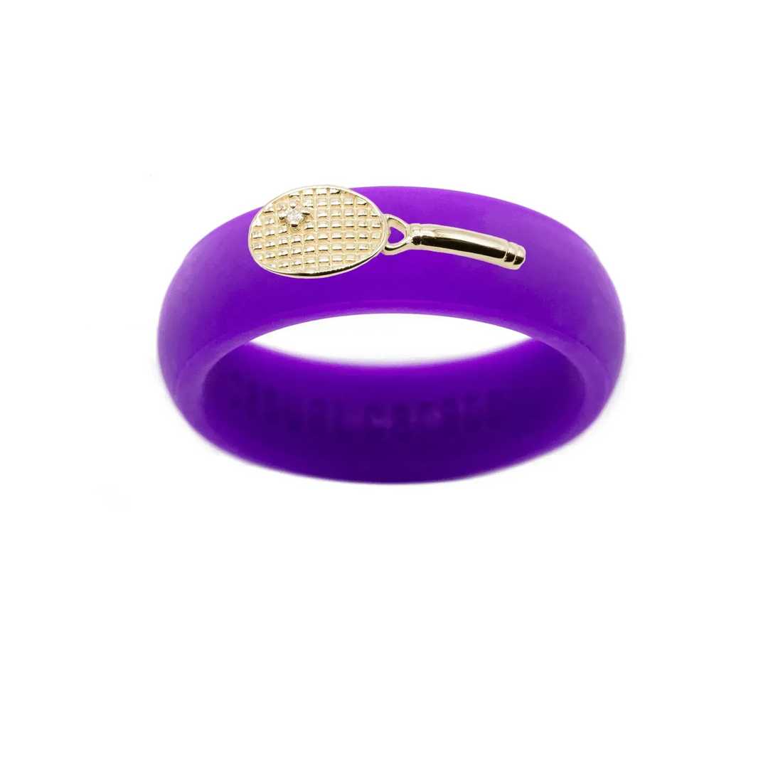 Yellow Gold Diamond Tennis Racket Silicone Ring - Size 7